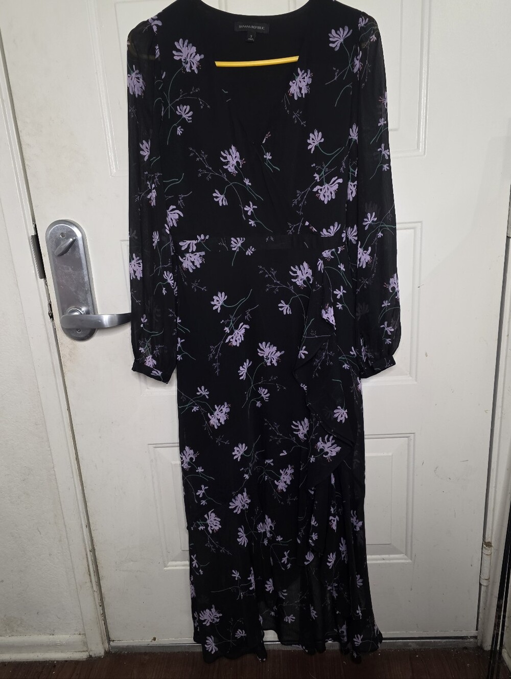 Banana Republic Black Maxi Dress with Lavender Floral Print Sheer Sleeves Size 2